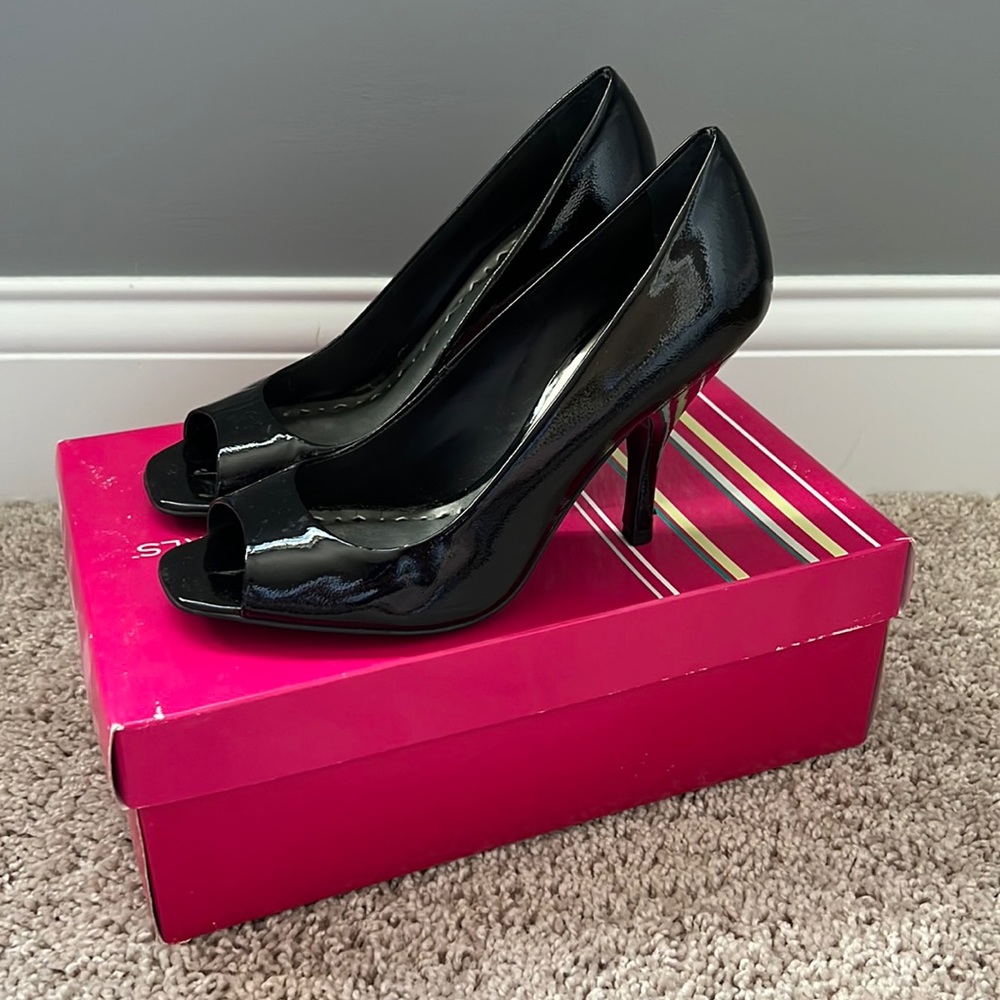 BCBGirls Patent Leather Peep Toe Heel, Black, 8